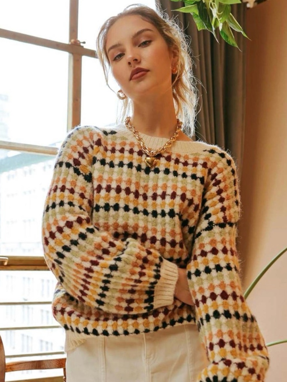 Blu Pepper Cream Multi-Color Diamond Crewneck Sweater